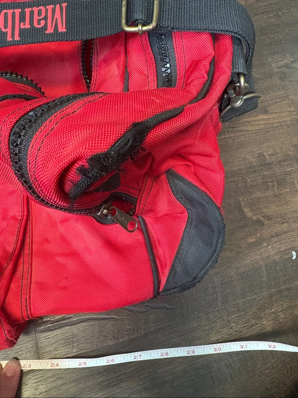 MARLBORO Vintage Red and Black Canvas Wheeled Duffel Bag with Logo Strap